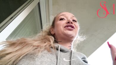 German voyeur records slut SophiaMayy finger her pussy through balcony window & wanks until he cums!