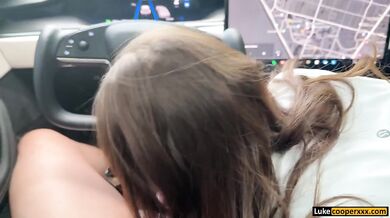 Glasses stepsis gets stuffed with big dick while learning to drive