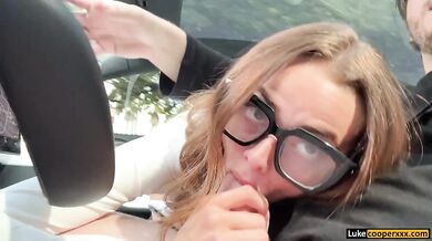 Glasses stepsis gets stuffed with big dick while learning to drive