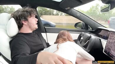 Glasses stepsis gets stuffed with big dick while learning to drive