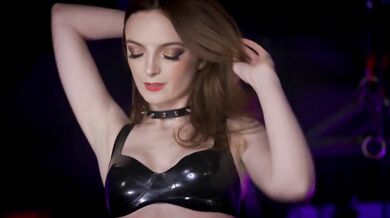 Brunette in leather dress destroys cock with deep throat and wet pussy