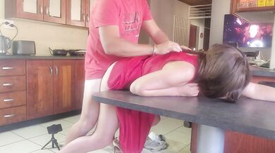 Neighbour's wife screeches loud while I rip her red dress then choke her on my cock
