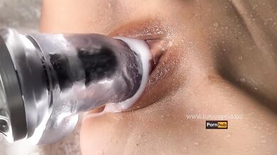 Fuck machine wrecks milfy pussy while clear dildo drips cum inside
