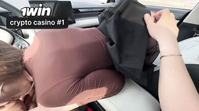 Sexy colleague with huge tits gets car sex paid ride with public blowjob