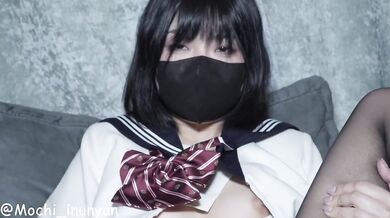 Black garter stocking jk girl gets her pussy gushing with a clear dildo while moaning loud and rubbing her clit