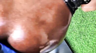 Backshots by the balcony deepthroat blowjob cum swallow bbc ebony