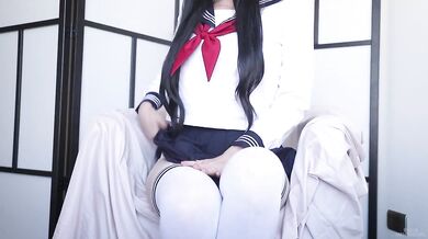 Japanese schoolgirl squirts for the first time using Hitachi Magic Wand while fingering her tight teen pussy