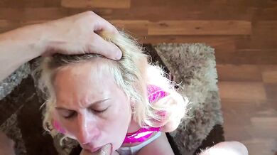 Schoolgirl degraded gagging on cum face while deepthroating
