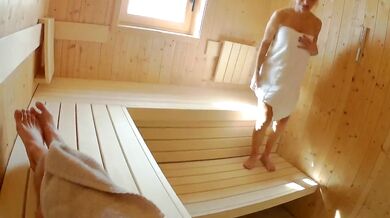 Squirted by blonde milf in public sauna while he jerked off