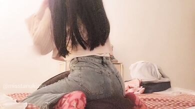 Petite Asian girl dry humping pillow cumming in panties