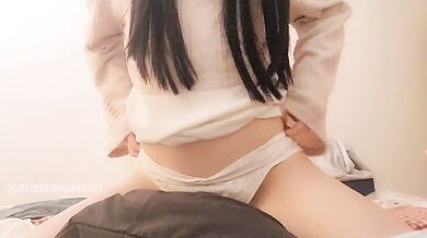 Petite Asian girl dry humping pillow cumming in panties