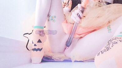 Little Halloween princess gets ruined by her soaked pink pussy