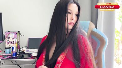 Naughty brunette strips to silk robe then destroys delivery guy with her big natural tits