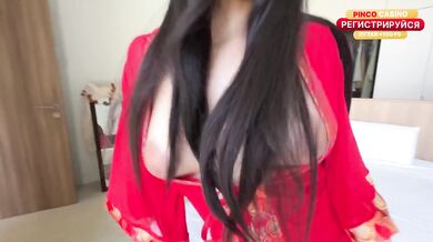 Naughty brunette strips to silk robe then destroys delivery guy with her big natural tits