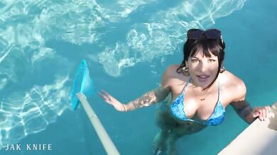Goth French babe gets her bikini ripped off by hung pool boy POV