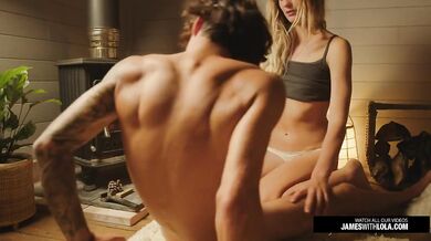 Winter cozy tiny house wood stove intimate couple real blowjob facial hot