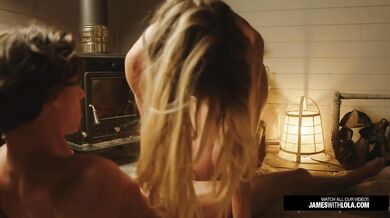 Winter cozy tiny house wood stove intimate couple real blowjob facial hot