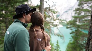 Wild forest passion intense couple making love outdoor romantic cinematic