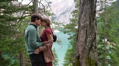 Wild forest passion intense couple making love outdoor romantic cinematic