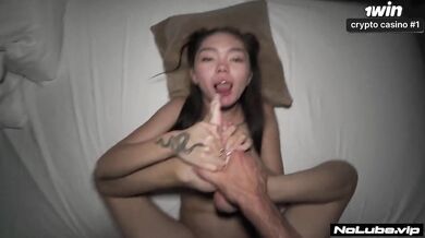 Gaping tiny Asian teen wrecked by rough missionary creampie