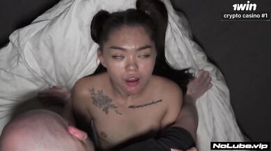 Gaping tiny Asian teen wrecked by rough missionary creampie