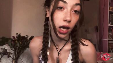 Tiana Blow deepthroats a BBC dildo until gagging and playing with her own cum