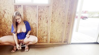 Blonde MILF with big tits and glasses gets caught public exhibitionist masturbating with dirty talk