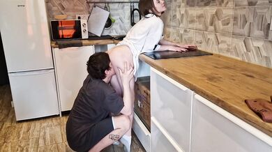 Amateur couple destroyed in kitchen deepthroat sloppy blowjob