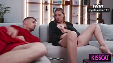 Step Mom Gets Juicy on Couch with Step Son while Porn Plays Loud