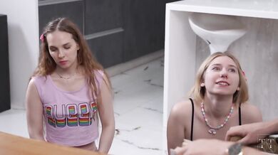 Stepdaddy scolds her grades then throat fucks her while stepsis licks pussy