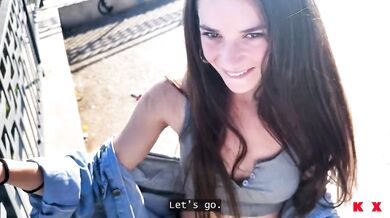 Public blowjob ends in car with massive cum swallow deep throat