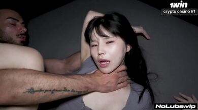 Asian cutie begging for rough threesome and screaming choked by big dick