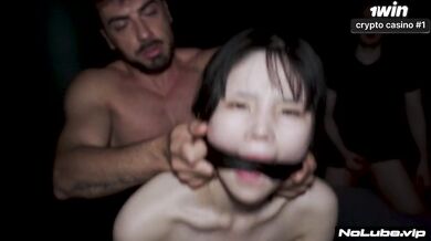 Asian cutie begging for rough threesome and screaming choked by big dick
