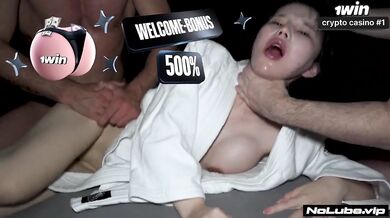 Asian cutie begging for rough threesome and screaming choked by big dick