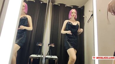 Public fitting room dildo fuck risk orgasm big tits masturbation