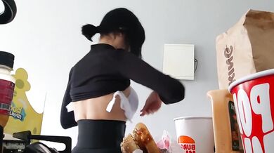 Egirl eats burger while big tits jiggle and she cums hard solo