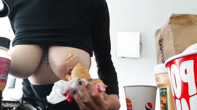 Egirl eats burger while big tits jiggle and she cums hard solo