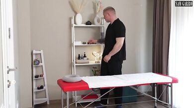 Big titted blonde destroyed by massage that turned into deep throat cumshot