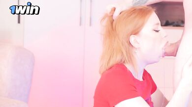 Giant cumshot ruins her pretty Russian face deep throat sloppy blowjob