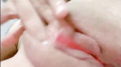 Closeup shaved pink pussy dripping creamy orgasm while rubbing tight wet hole solo