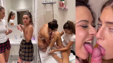 Lesbian shower explodes into sloppy double BJ deepthroat cum swap facial POV