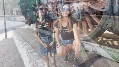 Russian brunette walks skirtless flashing pussy at train station