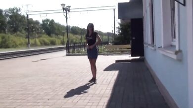 Russian brunette walks skirtless flashing pussy at train station