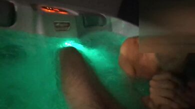 Fucking in the jacuzzi at the public party friends watched while she got a blowjob