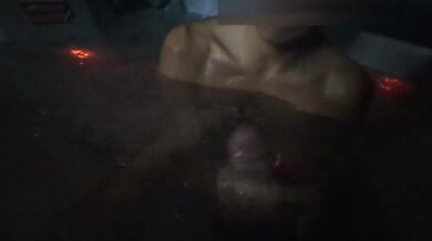 Fucking in the jacuzzi at the public party friends watched while she got a blowjob