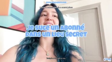 Blue hair subscriber gets deep throat on the bus cum in mouth POV