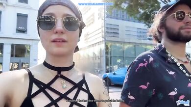 Blue hair subscriber gets deep throat on the bus cum in mouth POV