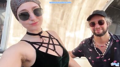 Blue hair subscriber gets deep throat on the bus cum in mouth POV