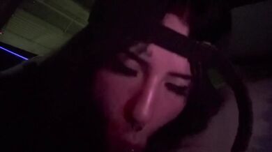 Sucking his head until cum gushes down my throat public BJ with goth cumslut