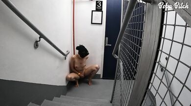 Blindfolded handcuffed girl fingers herself to public orgasm staircase dare